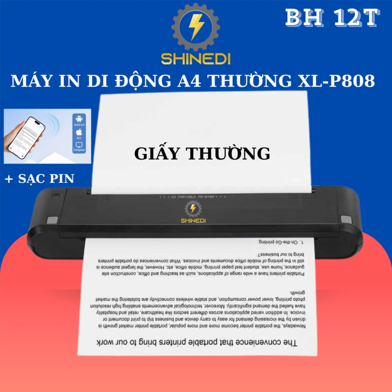 Máy in A4 giấy thường XL-P808 SHINEDI sạc pin nhỏ gọn nhẹ nhàng dễ dàng mang đi in bất cứ lúc nào bất cứ nơi đâu bạn muốn.