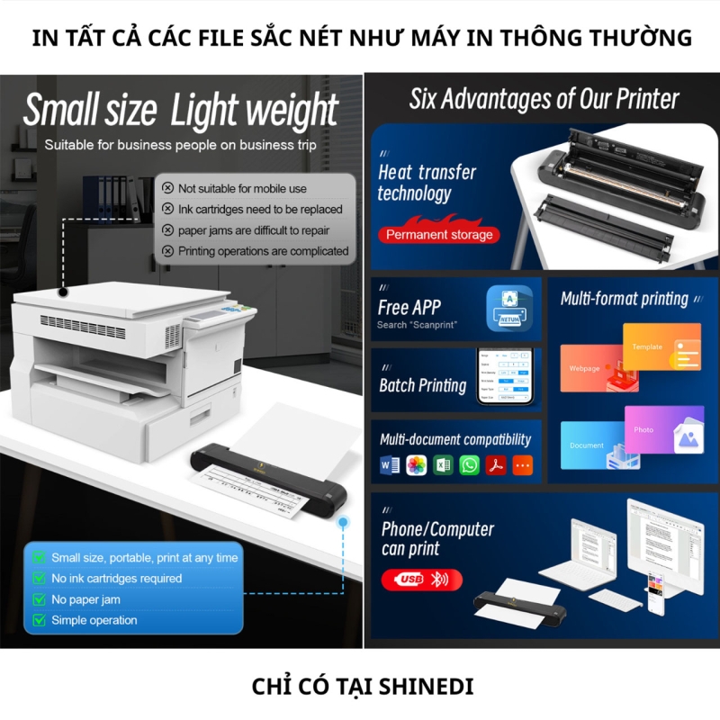 Máy in A4 giấy thường XL-P808 SHINEDI sạc pin nhỏ gọn nhẹ nhàng dễ dàng mang đi in bất cứ lúc nào bất cứ nơi đâu bạn muốn.