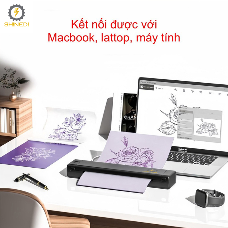 Máy in Scan Hình Xăm,Tatoo M08F SHINEDI sạc pin di động Nhỏ Gọn Kết nối không dây Bluetooth in từ điện thoại, laptop, pc