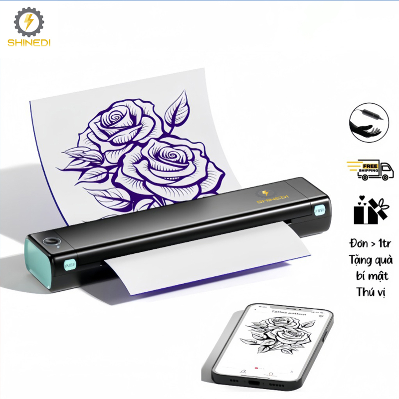 Máy in Scan Hình Xăm,Tatoo M08F SHINEDI sạc pin di động Nhỏ Gọn Kết nối không dây Bluetooth in từ điện thoại, laptop, pc